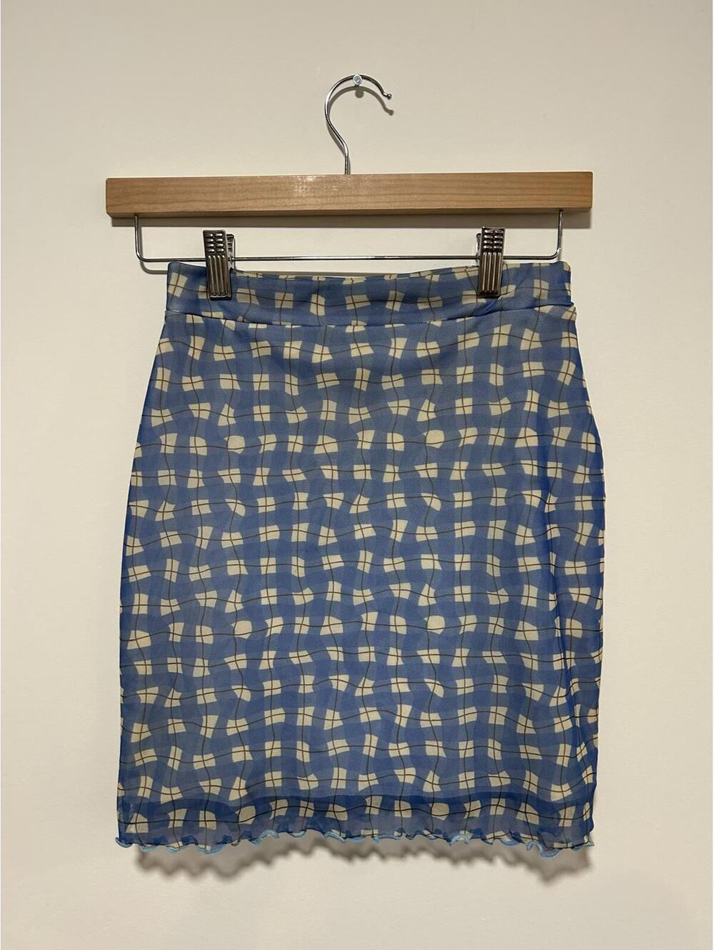 Daisy Street Y2K Blue Geometric Print Mesh Mini Skirt Size 4 Lettuce Hem